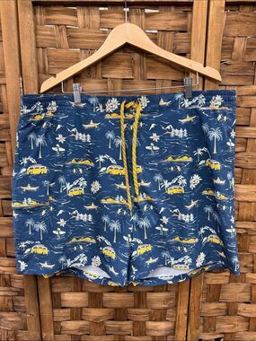 Men's Navy Tropical Print Swim Board Shorts with Yellow Accents